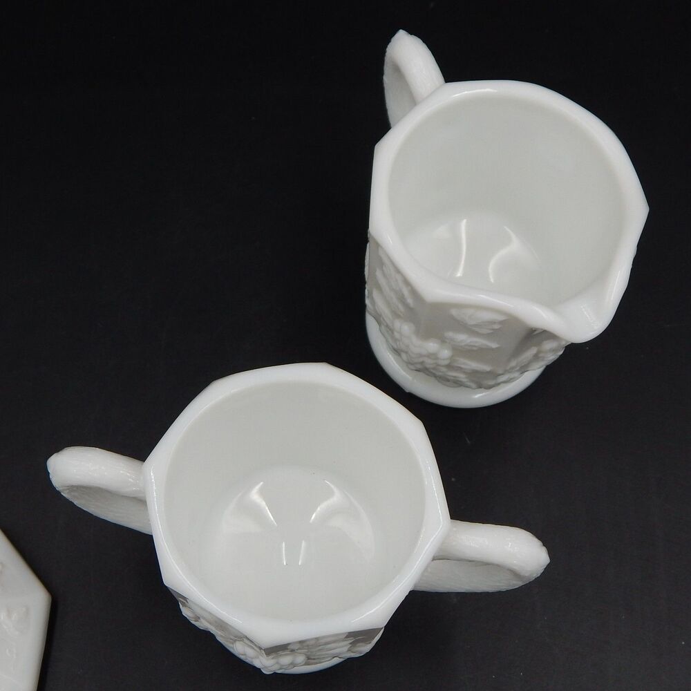 Westmoreland Paneled Grapes White Milk Glass Lidded Sugar Bowl & Creamer Set - Picture 6 of 9
